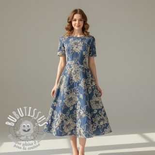 Tissu coton JEANS EMBROIDERY Bouquet blue