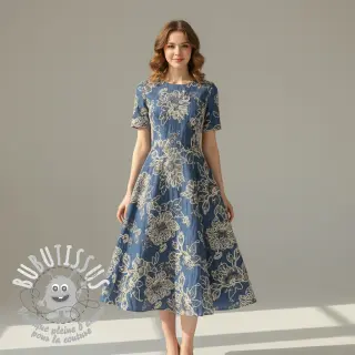Tissu coton JEANS EMBROIDERY Bouquet blue