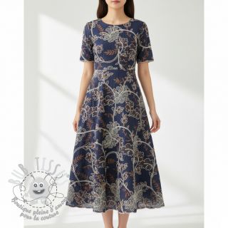 Tissu coton JEANS Embroidery leaves dark blue