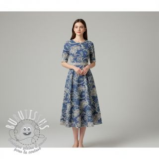 Tissu coton JEANS Embroidery leaves light blue