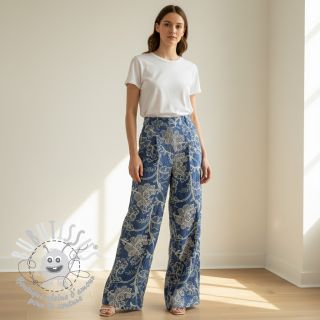 Tissu coton JEANS Embroidery leaves light blue