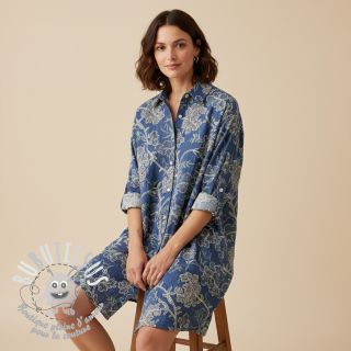 Tissu coton JEANS Embroidery leaves light blue