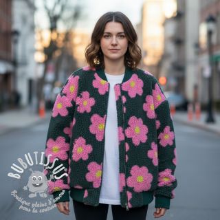 Tissu de manteau TEDDY JACQUARD Flowers army green/pink