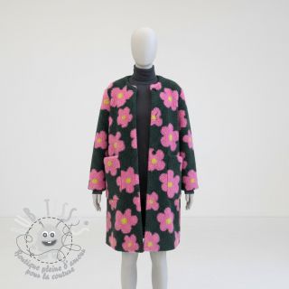Tissu de manteau TEDDY JACQUARD Flowers army green/pink
