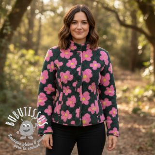 Tissu de manteau TEDDY JACQUARD Flowers army green/pink