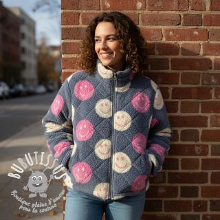 Tissu de manteau TEDDY JACQUARD Happy faces jeans