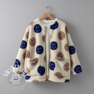 Tissu de manteau TEDDY JACQUARD Happy faces ecru