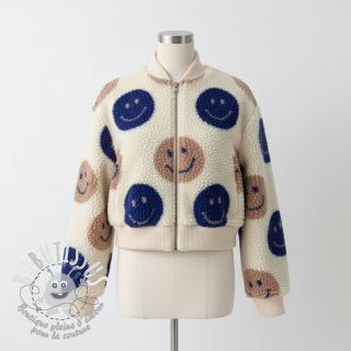 Tissu de manteau TEDDY JACQUARD Happy faces ecru