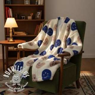 Tissu de manteau TEDDY JACQUARD Happy faces ecru