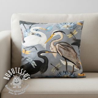 Tissu déco VELVET Heron bird steel grey