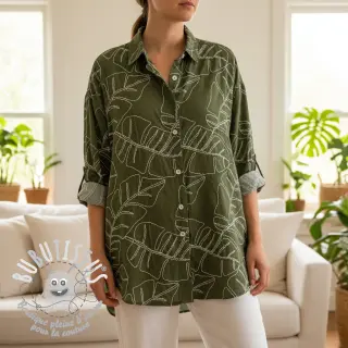 Viscose lin EMBROIDERY Leaves forest green