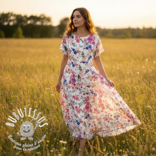 Viscose LUREX Tossed flowers white digital print