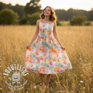 Tissu mélange lin et cotton Abstract flowers RAMIE orange digital print