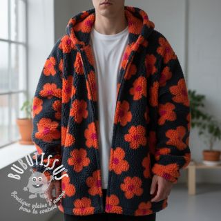 Tissu de manteau TEDDY JACQUARD Flowers navy