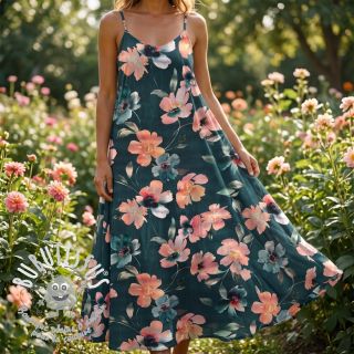 Tissu coton SATIN Penny flower petrol digital print