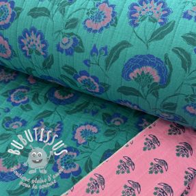 Tissu double gaze/mousseline STEPPED Flowers petrol