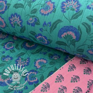 Tissu double gaze/mousseline STEPPED Flowers petrol