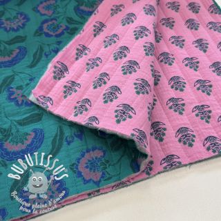 Tissu double gaze/mousseline STEPPED Flowers petrol