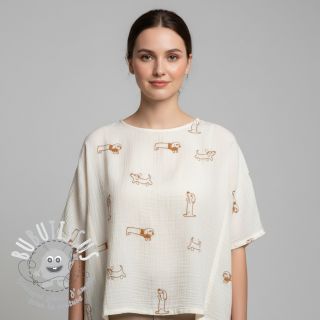 Tissu double gaze/mousseline EMBROIDERY Dogs ecru