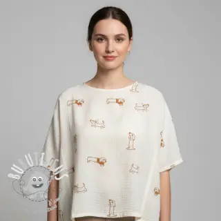 Tissu double gaze/mousseline EMBROIDERY Dogs ecru