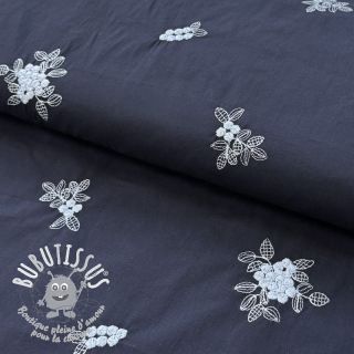 Tissu coton VOILE EMBROIDERY Flowers navy