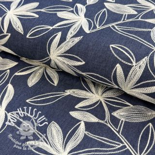 Tissu coton JEANS Embroidery Flowers white