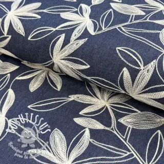 Tissu coton JEANS Embroidery Flowers white