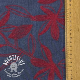 Tissu coton JEANS Embroidery Flowers burgundy