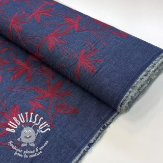Tissu coton JEANS Embroidery Flowers burgundy