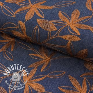 Tissu coton JEANS Embroidery Flowers camel