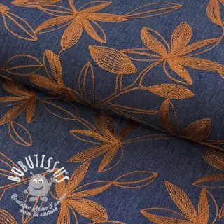 Tissu coton JEANS Embroidery Flowers camel