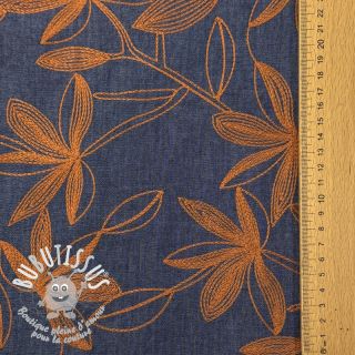 Tissu coton JEANS Embroidery Flowers camel