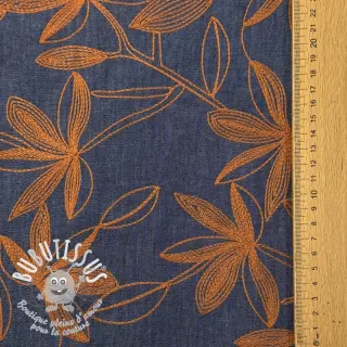 Tissu coton JEANS Embroidery Flowers camel