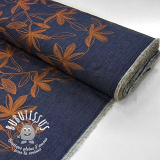 Tissu coton JEANS Embroidery Flowers camel
