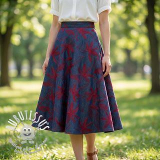 Tissu coton JEANS Embroidery Flowers burgundy