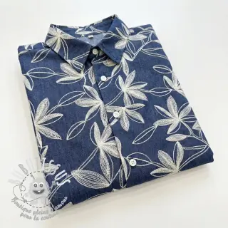 Tissu coton JEANS Embroidery Flowers white