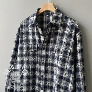 Tissu coton YARN DYED BRUSHED Check EMBROIDERY navy