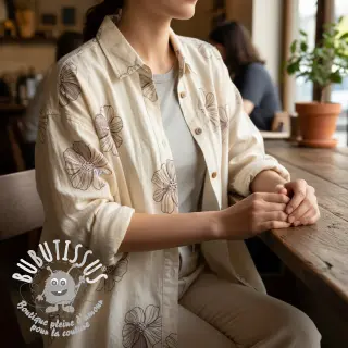 Viscose lin EMBROIDERY Flower Maya natural