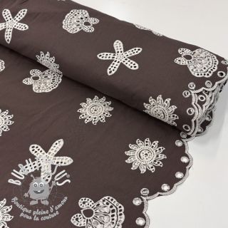 Tissu coton EMBROIDERY Sea ornaments brown