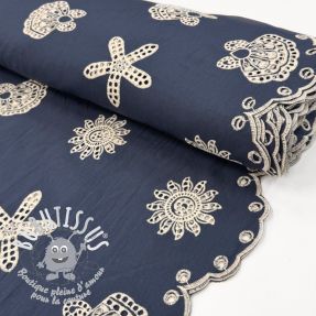 Tissu coton EMBROIDERY Sea ornaments navy