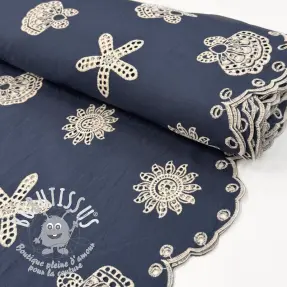 Tissu coton EMBROIDERY Sea ornaments navy