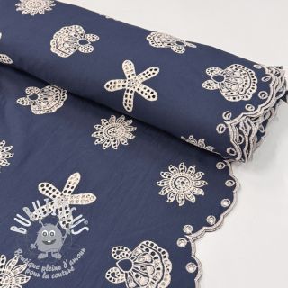 Tissu coton EMBROIDERY Sea ornaments navy