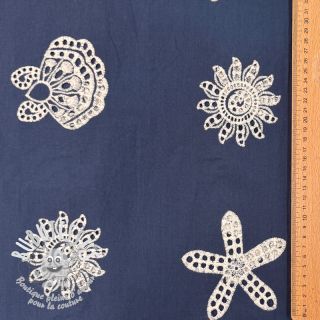 Tissu coton EMBROIDERY Sea ornaments navy