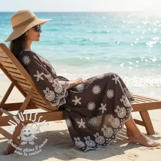 Tissu coton EMBROIDERY Sea ornaments brown