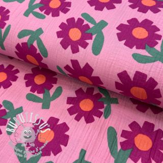 Tissu double gaze/mousseline Flowers pink by JENNIFER BOURON ORGANIC
