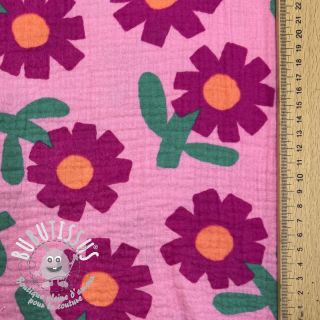 Tissu double gaze/mousseline Flowers pink by JENNIFER BOURON ORGANIC