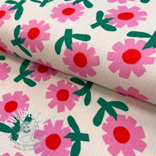 Tissu double gaze/mousseline Flowers natural/pink by JENNIFER BOURON ORGANIC