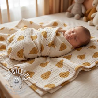 Tissu double gaze/mousseline Pears ochre by JENNIFER BOURON ORGANIC