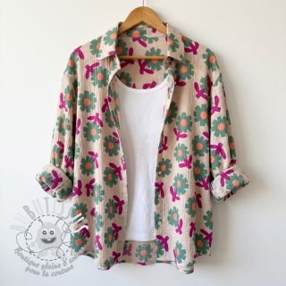 Tissu double gaze/mousseline Flowers green by JENNIFER BOURON ORGANIC