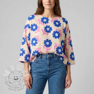 Tissu double gaze/mousseline Flowers blue by JENNIFER BOURON ORGANIC